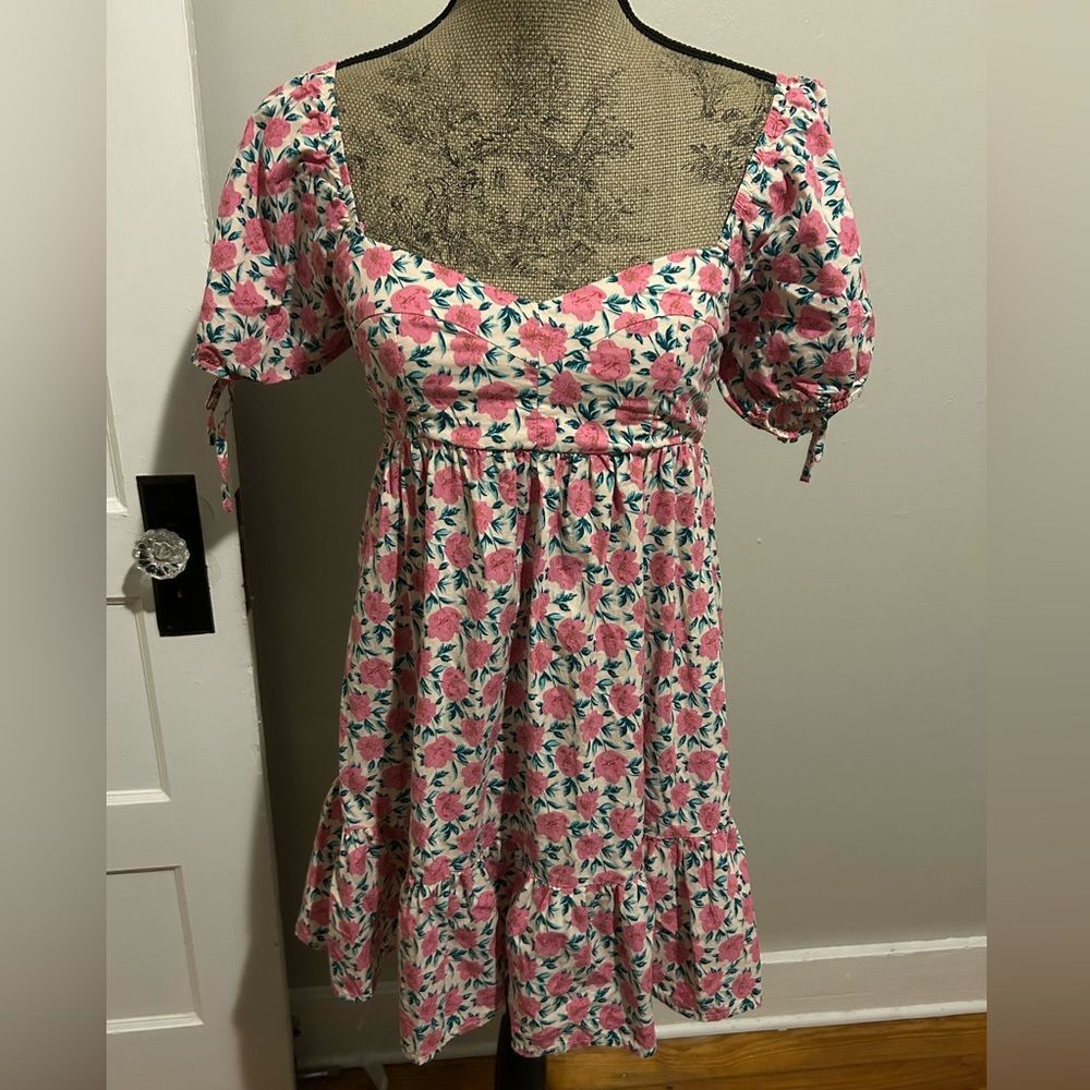 Pants Store Spring Awaits Pink Floral Puff Sleeve Scrunch Back Sun Dress